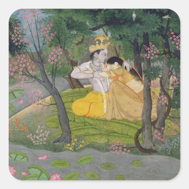 Radha and Krishna embrace in a grove of flowering Square Sticker (Front)