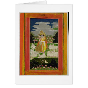 Radha and Krishna embrace in an idealised landscap
