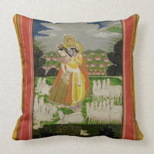 Radha and Krishna embrace in an idealised landscap Cushion