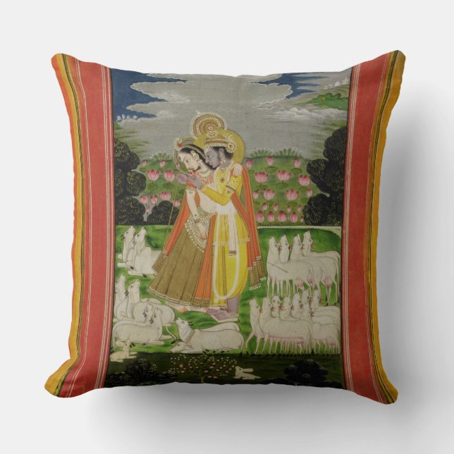 Radha and Krishna embrace in an idealised landscap Cushion (Front)