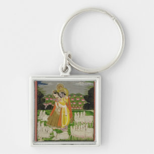 Radha and Krishna embrace in an idealised landscap Key Ring