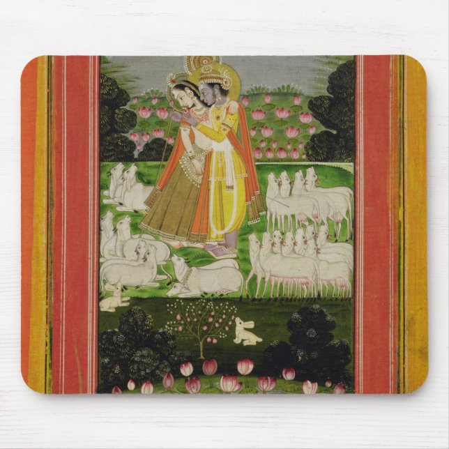 Radha and Krishna embrace in an idealised landscap Mouse Pad (Front)
