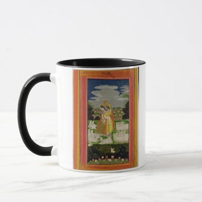 Radha and Krishna embrace in an idealised landscap Mug (Left)