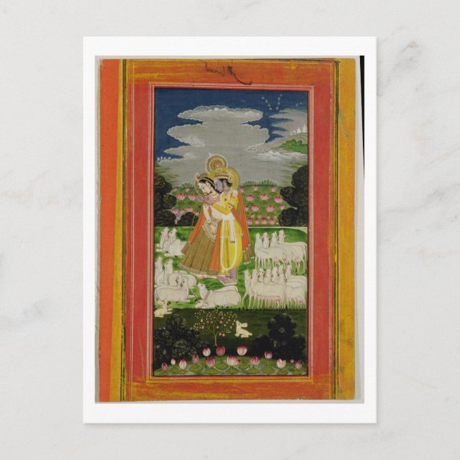 Radha and Krishna embrace in an idealised landscap Postcard (Front)