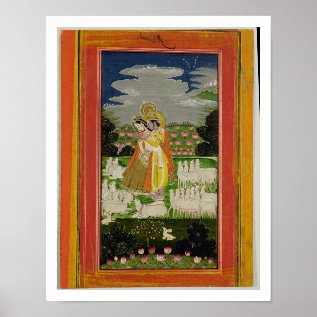 Radha and Krishna embrace in an idealised landscap Poster (Front)