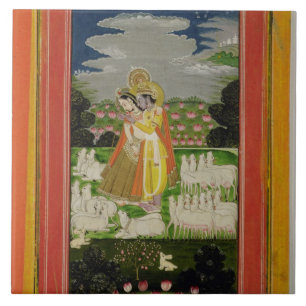Radha and Krishna embrace in an idealised landscap Tile
