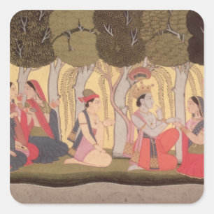 Radha and Krishna seated in a grove, Kulu Square Sticker