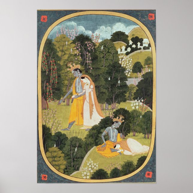 Radha and Krishna walking in a grove Poster (Front)
