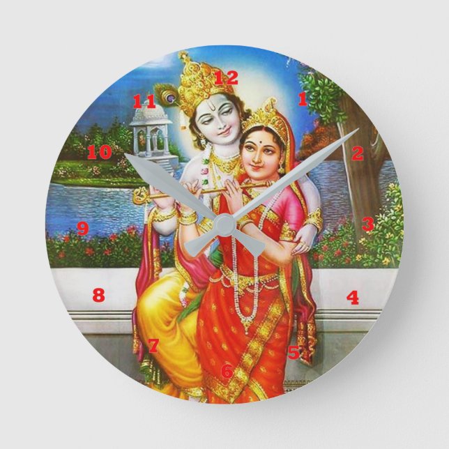 RADHA Krishna Flute Instrument Deity Holy Round Clock (Front)