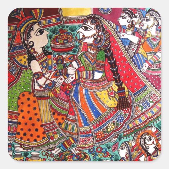 RADHA KRISHNA HINDU GODS MADHUBANI ART STYLE SQUARE STICKER (Front)