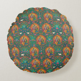 Radhe Krishna Pattern Round Cushion