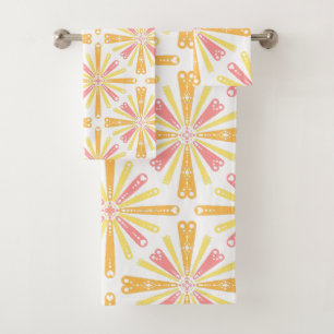 Radial Heart Sunburst Pattern Pink Yellow Bath Towel Set