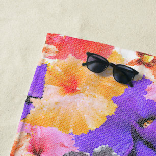"Radiance in Bloom: Hibiscus in Stained Glass Beach Towel