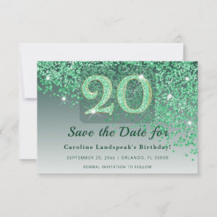 Radiant 20th Birthday Emerald Green Frosted Save The Date