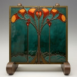 Radiant Amber Bloom  Ceramic Tile<br><div class="desc">Immerse your home in the timeless beauty of the Radiant Amber Bloom Ceramic Tile, a striking piece of artistry printed by Zazzle. This flat ceramic tile, free of embossed features, showcases a mesmerising Art Nouveau design with intricate floral patterns in vivid amber hues against a deep jade background. The harmonious...</div>