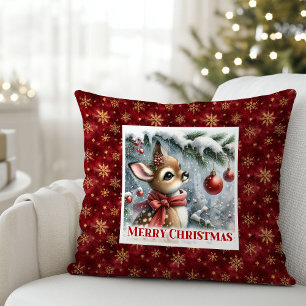 Radiant baby deer snowy forest Christmas scene  Cushion