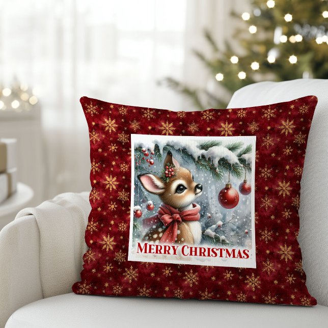 Radiant baby deer snowy forest Christmas scene  Cushion (Radiant baby deer snowy forest Christmas scene pillow)