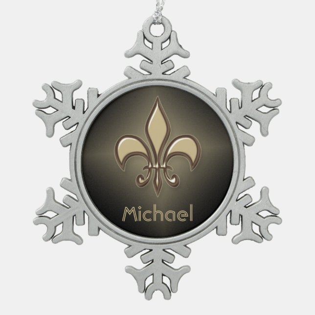 Radiant Black Gold Fleur de lis Snowflake Pewter Christmas Ornament (Front)