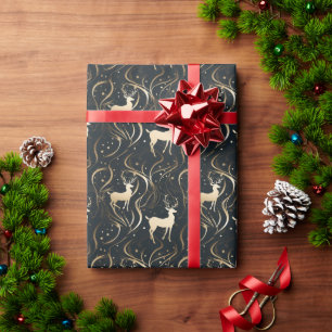 Radiant Black & Gold Swirl Reindeer Silhouette Wrapping Paper