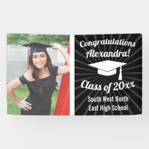 Radiant Black White Custom Photo Graduation Banner