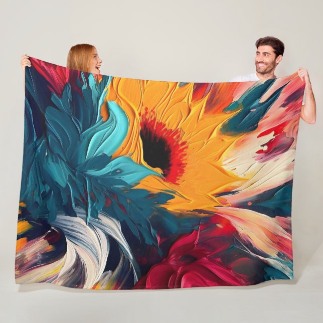 Radiant Bloom – Bold Abstract Floral Expression Fleece Blanket (In Situ)