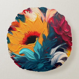 Radiant Bloom – Bold Abstract Floral Expression Round Cushion