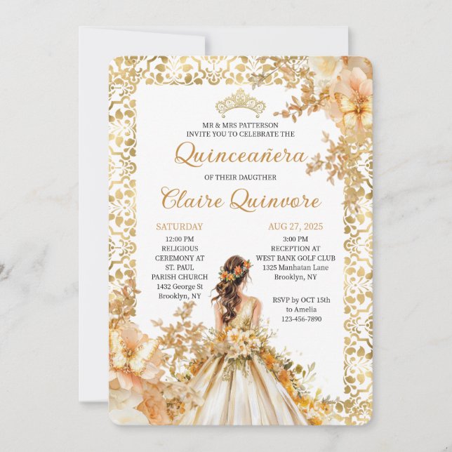 Radiant Bloom Floral Princess Gold Quinceanera Inv Invitation (Front)