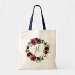 Radiant Bloom Monogram Tote Bag<br><div class="desc">Designed to match our Radiant Bloom collection,  these personalised totes make beautiful gifts for your bridesmaids. Personalise with a single initial monogram in elegant handwritten script lettering,  surrounded by a wreath of watercolor flowers in rich shades of navy and burgundy.</div>