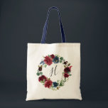 Radiant Bloom Monogram Tote Bag<br><div class="desc">Designed to match our Radiant Bloom collection,  these personalised totes make beautiful gifts for your bridesmaids. Personalise with a single initial monogram in elegant handwritten script lettering,  surrounded by a wreath of watercolor flowers in rich shades of navy and burgundy.</div>