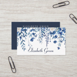Radiant Bloom Navy Blue Watercolor Floral Business Card