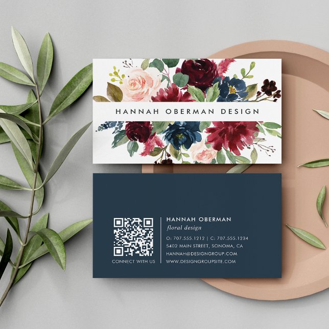 Radiant Bloom | Navy & Burgundy Watercolor Floral Business Card (Creator Uploaded)