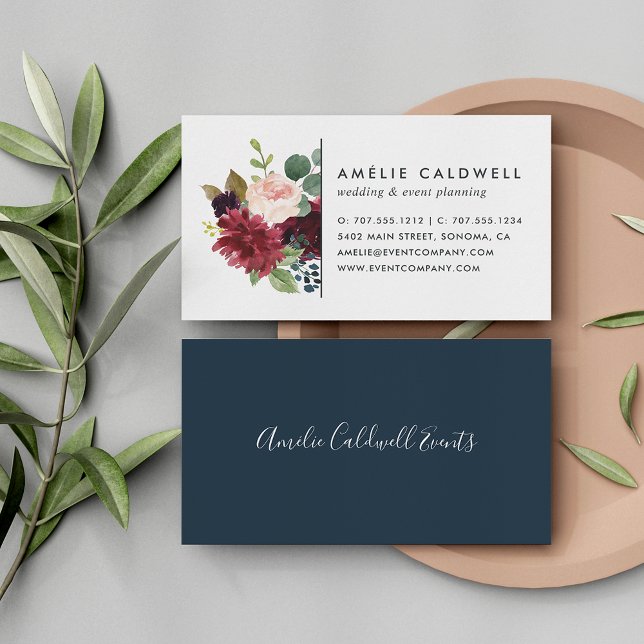 Radiant Bloom | Navy & Burgundy Watercolor Floral Business Card (Creator Uploaded)