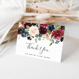 Radiant Bloom   Navy & Burgundy Watercolor Floral Thank You Card