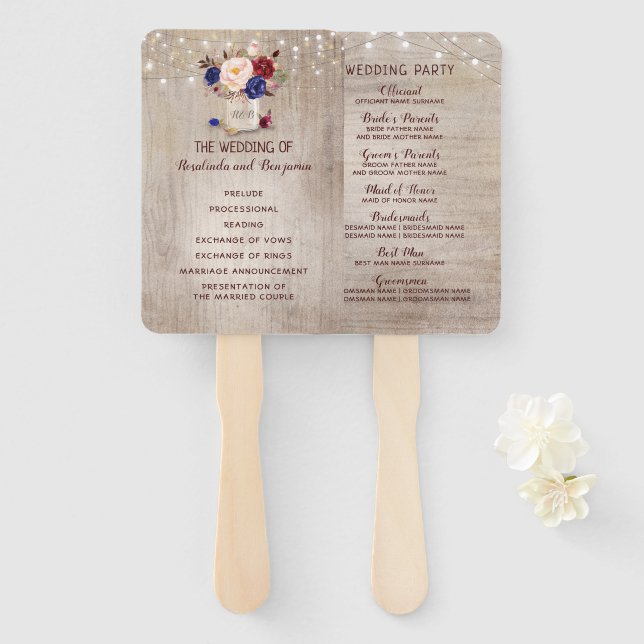 Radiant Bloom Rustic Mason Jar Wedding Program Hand Fan (Front and Back)