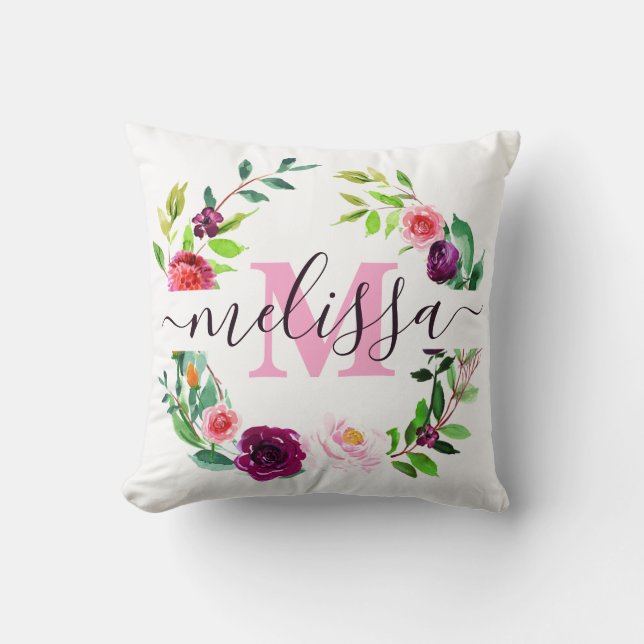 Radiant blooms wreath personalised cushion (Front)