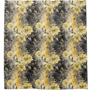 Radiant Blooms: Yellow & Black Floral Shower Curtain