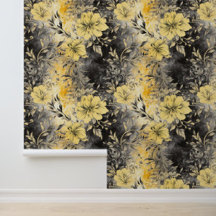 Radiant Blooms: Yellow & Black Floral Wallpaper