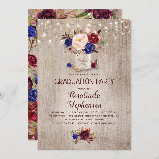 Radiant Blossoms Mason Jar Rustic Graduation Party Invitation (Front/Back)