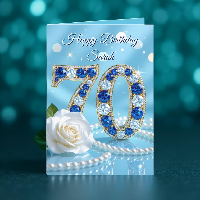  Radiant Blue Gems Rose and Pearls 70th Birthday Card (Creator Uploaded)
