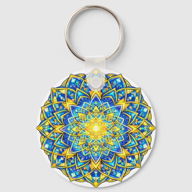 Radiant Blue Gold Mandala – Sun Harmony Keychain (Front)