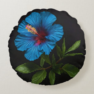 "Radiant Blue: Hibiscus Flower Against On Black Round Cushion