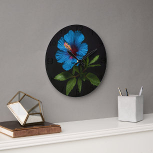 "Radiant Blue: Hibiscus Flower On Black Large Clock