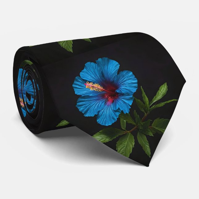 "Radiant Blue: Hibiscus Flower On Black  Tie (Rolled)
