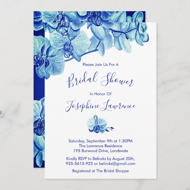Radiant Blue Orchid Flowers Bridal Shower Invitation (Front/Back)