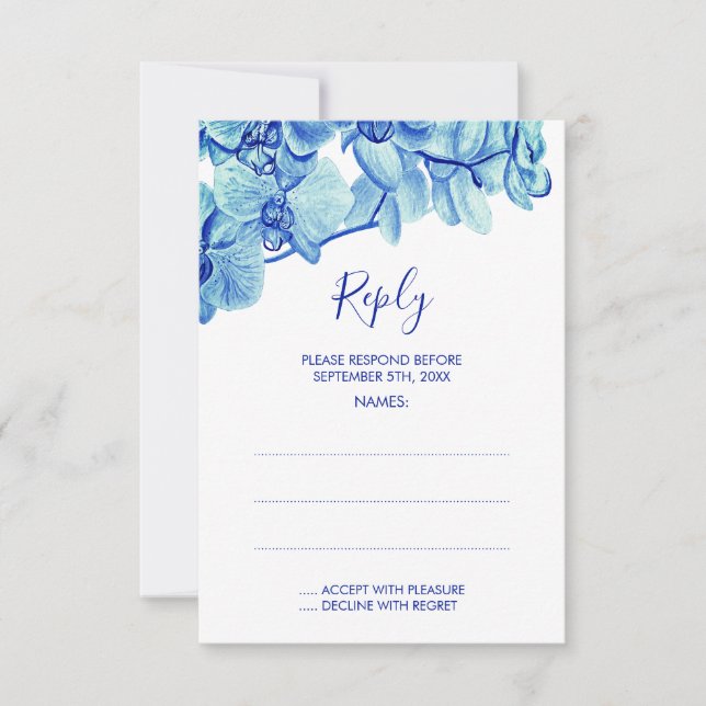 Radiant Blue Orchids Wedding Reply Cards (Front)