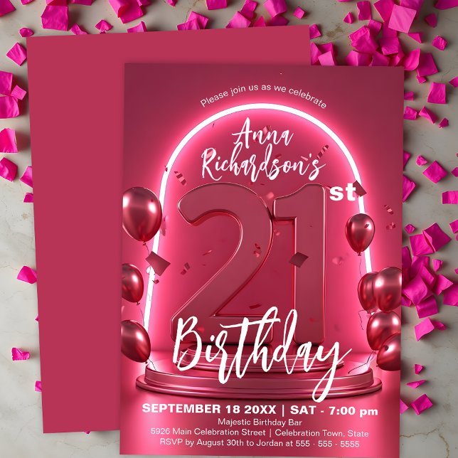 Radiant Chic Neon Pink 21st Birthday with Balloons Invitation (Creator Uploaded)