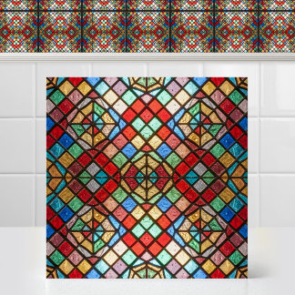 Radiant Circle Symmetrical Cathedral Stained Glass Ceramic Tile