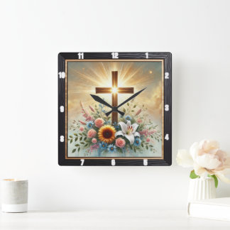 Radiant Cross Floral Spiritual Square Wall Clock