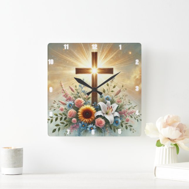 Radiant Cross Floral Spiritual White Lily Square Wall Clock (Home)