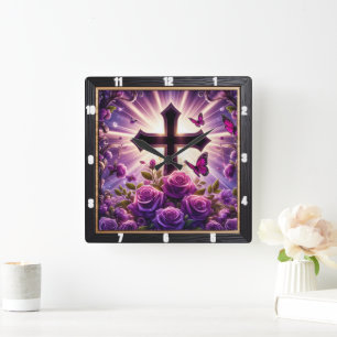Radiant Cross Purple Rose Butterflies Square Wall Clock